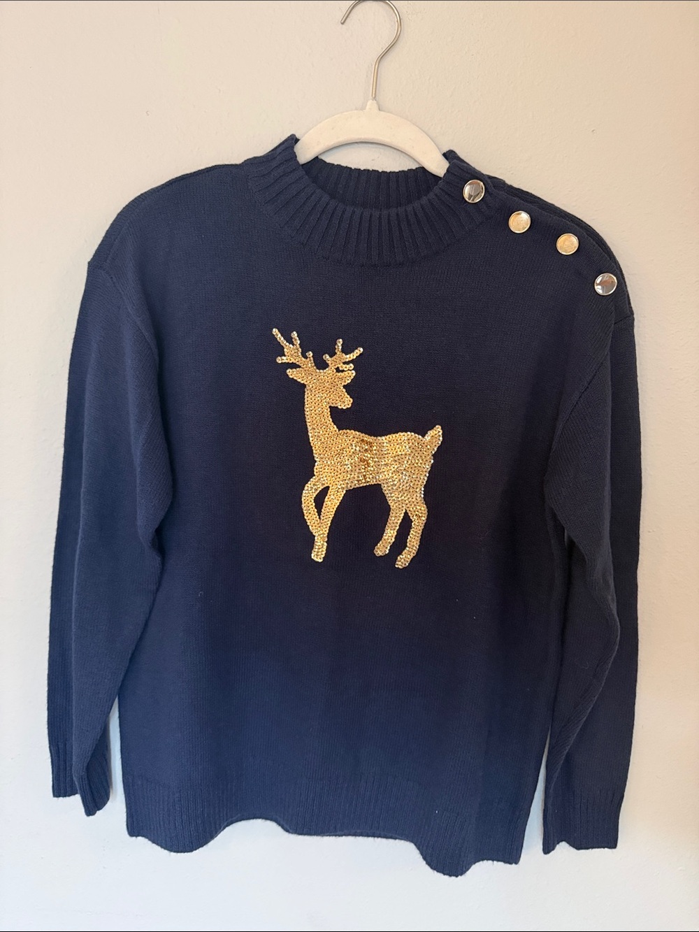 Talbots Navy Crewneck Sweater with Gold Sequin Deer Accent